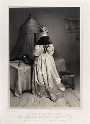 view A woman seen from behind standing at her dressing table upon which is placed a powder puff and a mirror; behind is a bed with a canopy. Lithograph by F. Hanfstaengl after G. Ter Borch.