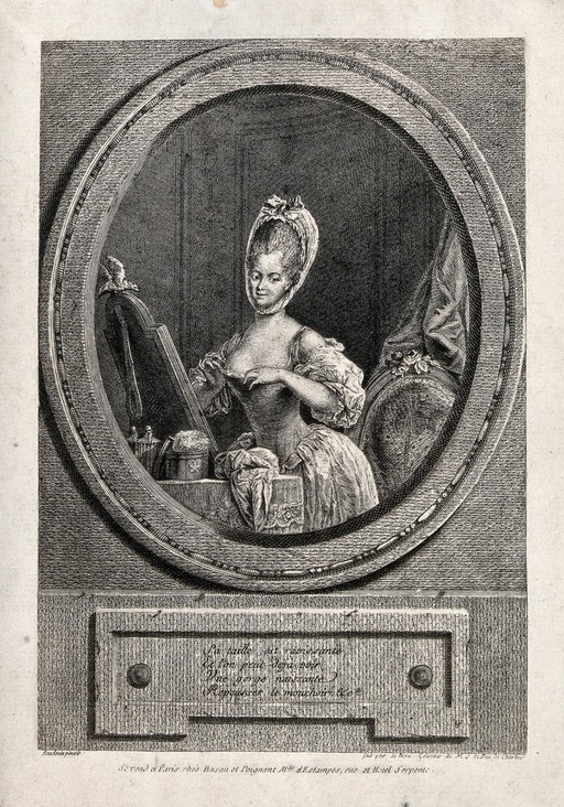 A woman standing at her dressing table and arranging her bodice; upon the dressing table is a powder box and puff, two perfume bottles and a mirror upon which perches a bird. Engraving by le Beau after Baudouin.