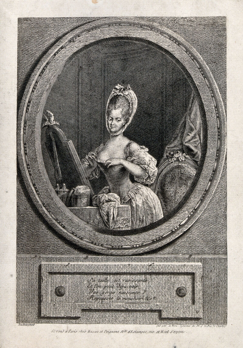A woman standing at her dressing table and arranging her bodice; upon the dressing table is a power box and puff, two perfume bottles and a mirror upon which perches a bird. Engraving by P.A. Le Beau after P.A. Baudouin., [1776], by Pierre-Antoine Baudouin
