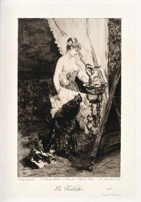 A woman at her toilet. Etching by D. Mordant after Villegad.