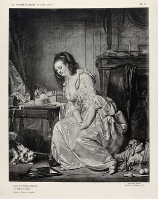 A despondent woman sitting at her dressing table in a room which is extremely untidy. Photogravure by C. Eggimann, 1912, after J.B. Greuze.
