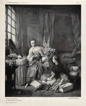 A woman sitting next to her dressing table being shown fashion accessories by a fashion seller sitting at her feet. Photogravure, 1912, by C. Eggimann after F. Boucher.