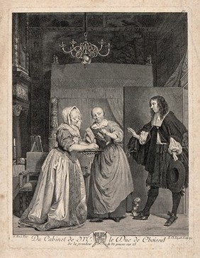 A woman washing her hands in a bowl of water held by a maidservant; a man enters through a door on the right. Engraving by C.L. Lingée, 1772, after G. Metsu.