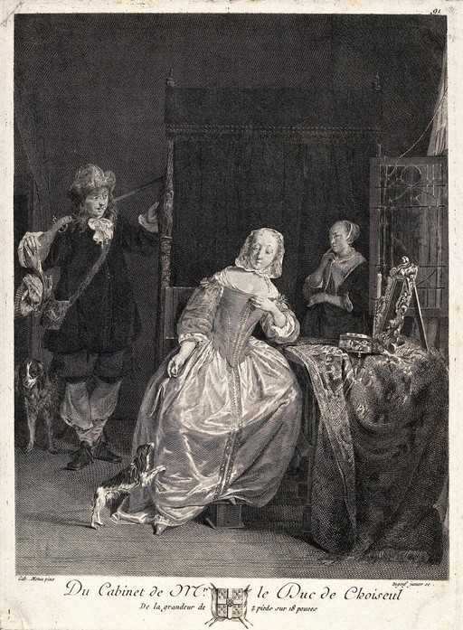 A woman sitting at her dressing table; a man with a gun stands to the left, a puzzled maidservant to the right. Engraving by F.R. Ingouf after G. Metsu.