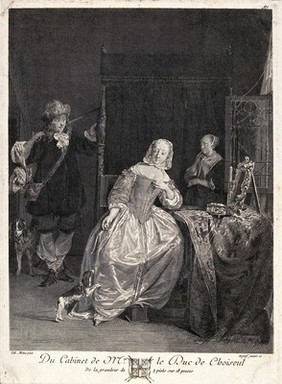 A woman sitting at her dressing table; a hunter with a gun stands to the left, a maidservant to the right. Engraving by F.R. Ingouf, 1771, after G. Metsu.