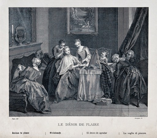 A woman at her toilet surrounded by maidservants. Reproduction of an engraving by Suruque after Reymond after Pater.