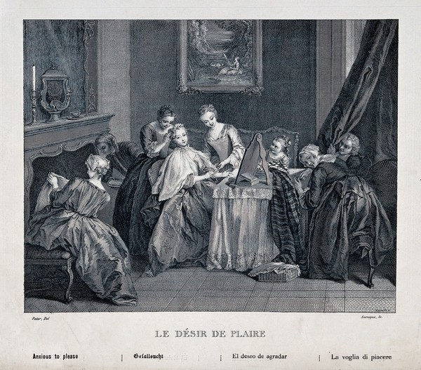 A woman at her toilet surrounded by maidservants. Process print by Reymond after L. Surugue after Pater.