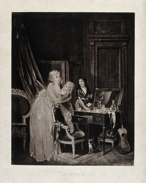 view A child standing on a chair and powdering a woman's face; a maidservant stands to the right. Photogravure after L.L. Boilly.