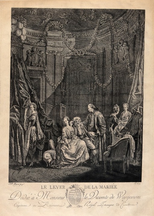 A woman in her dressing chamber surrounded by two male visitors and three maidservants. Engraving by Ph. Criere (?) after J.D. Dugoure.