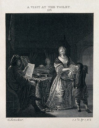 A woman washing her hands in a bowl held by a boy servant; to the left a seated man reads a letter. Engraving after C. Netscher.