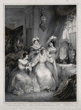 A seated woman at her dressing table surrounded by two women, a maidservant and a boy servant. Engraving, 1828, by E. Finden after J. Stephanoff.