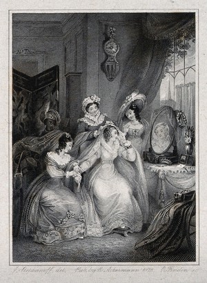 view A seated woman at her dressing table surrounded by two women, a maidservant and a boy servant. Engraving, 1828, by E. Finden after J. Stephanoff.