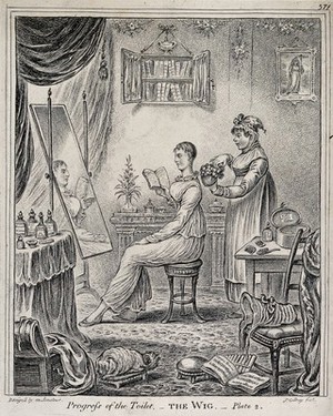 view A woman sitting at a dressing table reading a book; behind her a maidservant fluffs up the curls on a wig which she is about to place upon her head. Etching by J. Gillray, 1810, after himself.