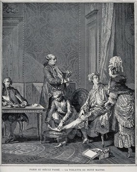 A seated man being dressed by a male servant while he talks with a woman on his left; a man holding a cup and saucer looks on, as does a man sitting at a desk to the left. Reproduction of an engraving.