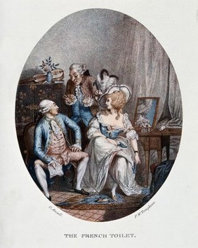 A seated woman at her toilet talking with two male visitors. Colour reproduction of an engraving by P.W. Tompkins after C. Ansell.