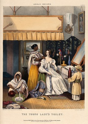 A female Anglo-Indian at her toilet being attended by three Indian servants. Coloured lithograph by J. Bouvier, 1842, after W. Tayler.