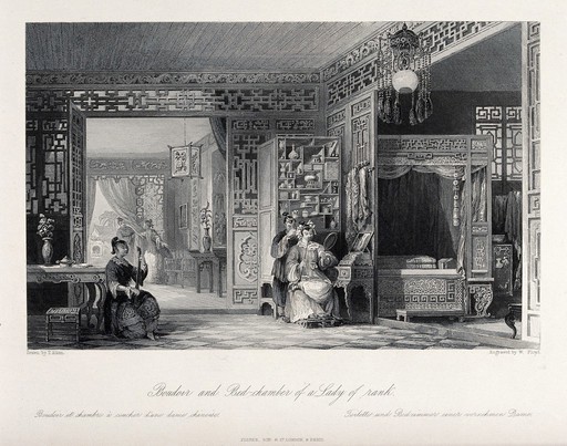 A Chinese woman at her toilet being attended to by a maidservant, to the left another servant plays music. Wood engraving by W. Floyd after T. Allom.
