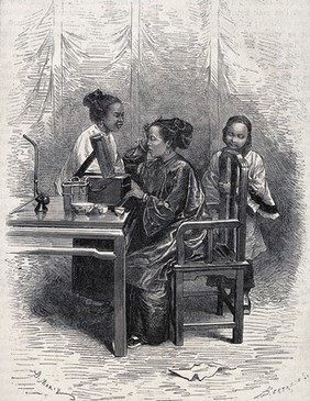 An oriental woman at her toilet, to the left stands a maidservant and to the right a girl. Wood engraving by A. Bertrand after D. Marie.