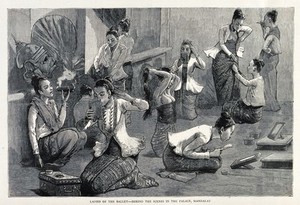 view Ballet dancers preparing to perform. Wood engraving.