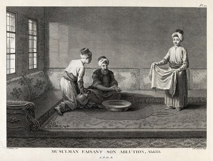 A Muslim man at his ablutions being attended by two servants. Engraving by J.B. Simonet after J.B. Hilaire.