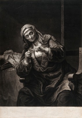 An old woman clipping her finger nails. Mezzotint by J.G. Haid after A. van Dijck (?), 1764-1767.