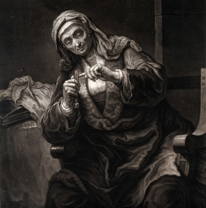 An old woman clipping her finger nails. Mezzotint by J.G. Haid after A. van Dijck (?), 1764-1767.