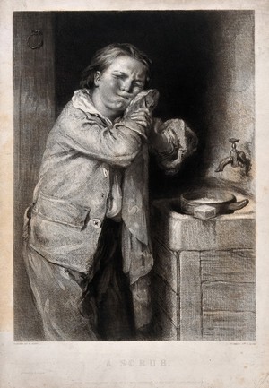 view A boy patting his face dry after washing. Engraving by J. Egan, 1840, after W. Hunt.