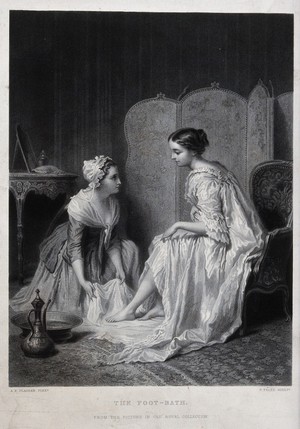 view A maidservant washing a woman's feet. Engraving by P. Pelée after A.E. Plassan.