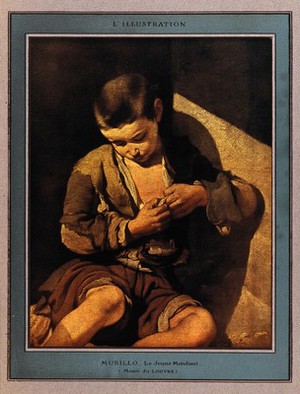 view A beggar boy picking a flea from the seam of his shirt. Coloured halftone after an oil painting by B.E. Murillo.