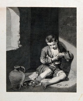 A beggar boy picking a flea from the seam of his shirt. Engraving by P. Boutrois after B.E. Murillo.