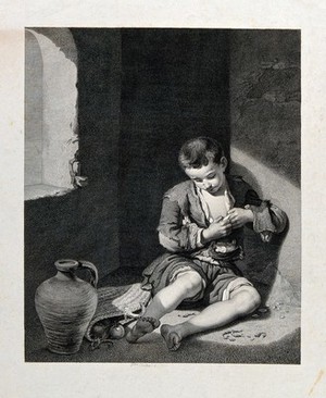 view A beggar boy picking a flea from the seam of his shirt. Engraving by P. Boutrois after B.E. Murillo.