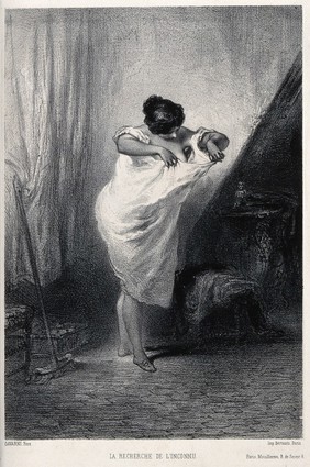 A woman looking down her night gown while searching for fleas. Lithograph after Gavarni.