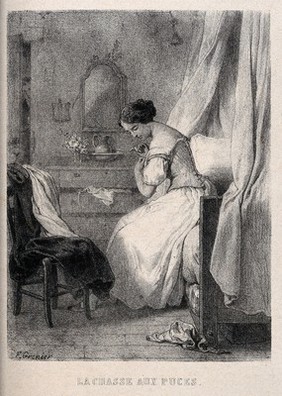 A woman sitting on a bed picking fleas from her clothes. Lithograph after F. Grenier.