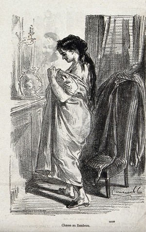 view A woman pulling open her nightgown as she searches for fleas. Lithograph.