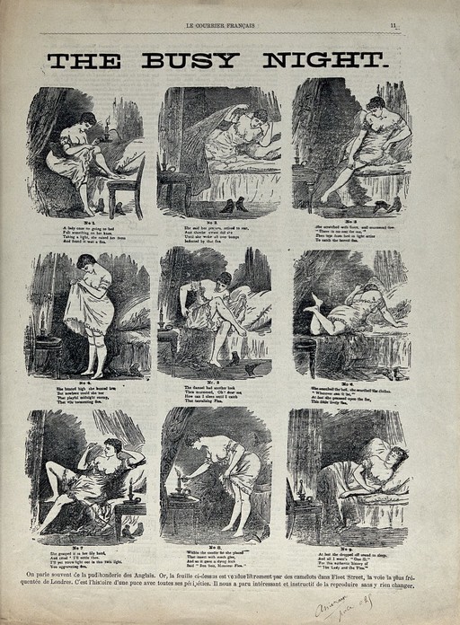 Nine illustrations of a woman chasing a flea. Wood engraving.