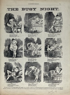 A woman chasing a flea: nine vignettes. Wood engraving, 1893.