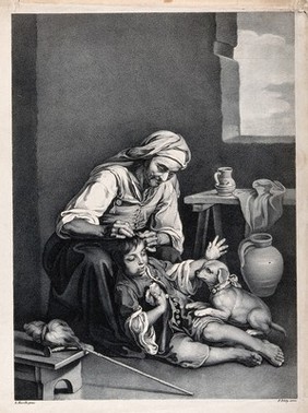 An old woman picking fleas from a boy's hair. Lithograph by F. Piloty, ca. 1810-1821, after B.E. Murillo.