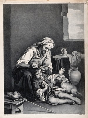 view An old woman picking fleas from a boy's hair. Lithograph by F. Piloty, ca. 1810-1821, after B.E. Murillo.