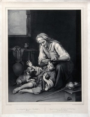 view An old woman picking fleas from a boy's hair. Lithograph by F. Piloty after B.E. Murillo.