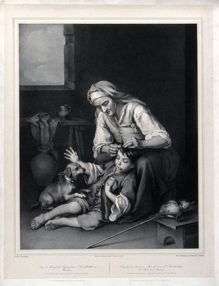 An old woman picking fleas from a boy's hair. Lithograph by F. Piloty after B.E. Murillo.