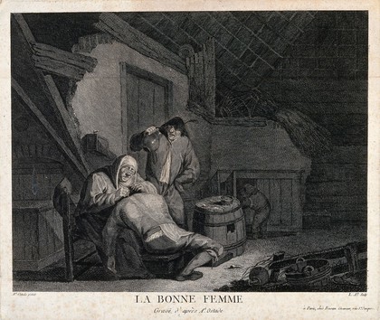 An old woman wearing spectacles picking fleas or lice from a man's hair; behind her stands a man who holds up a jug. Engraving by J. Aliamet after A. van Ostade.