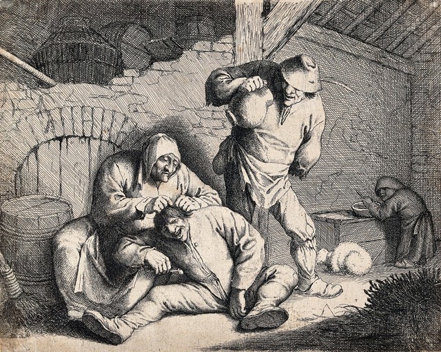 An old woman picking fleas from a man's head, behind them a man holds up a jug and in the background a dwarf preparing food looks on. Etching after C. Dusart.