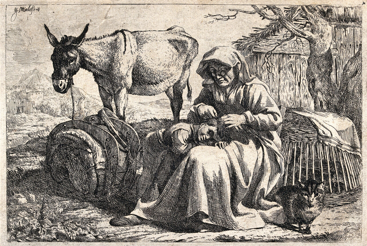 A woman wearing spectacles picking fleas from a child's head. Etching by J. Miel., 1600-1699, by Jan Miel