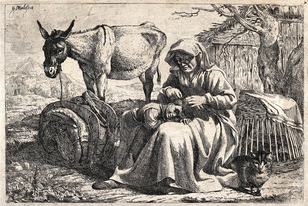 A woman wearing spectacles picking fleas from a child's head. Etching by J. Miel.