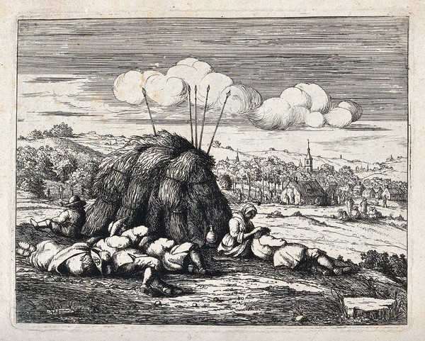 A group of labourers resting in front of a haystack; to the right a woman picks fleas from a man's head. Etching by D. Deuchar.