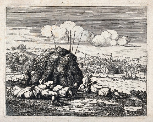 A group of labourers resting in front of a haystack; to the right a woman picks fleas from a man's head. Etching by D. Deuchar.
