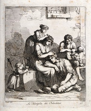 view A family picking fleas off each other's heads; to the left a baby is harnessed by a rope to the wall, to the right a boy picks fleas off a dog. Etching by B. Pinelli.