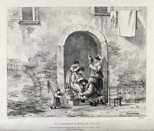 view A family picking fleas from each other's heads; to the left a small child is harnessed by a rope to the wall. Lithograph, 1820, by C. Hullmandel after B. Pinelli.