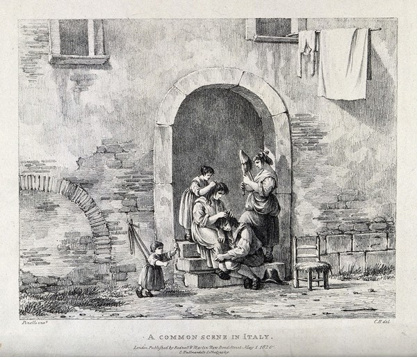 A family picking fleas from each other's heads; to the left a small child is harnessed by a rope to the wall. Lithograph, 1820, by C. Hullmandel after B. Pinelli.