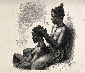 view A woman of Grand Bassam, Ivory Coast, dressing another woman's hair. Wood engraving by A.B., 1887, after E. Bayard.